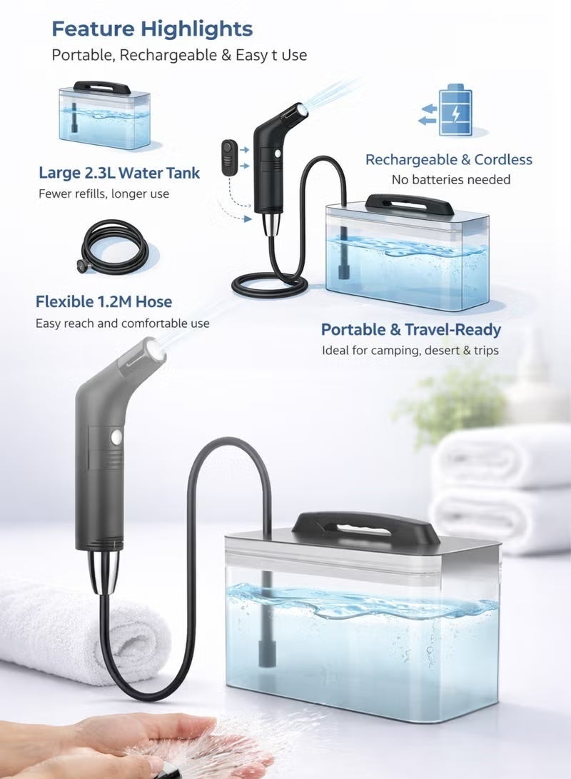 JAJEEK Portable Rechargeable Travel Bidet Shattaf with 2.3L Water Tank, 2-Speed Adjustable Water Flow, 1.2m Flexible Hose for Personal Hygiene - Image 3