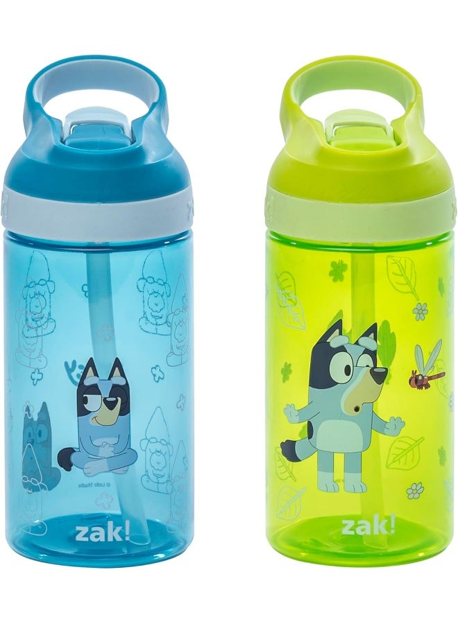 Zak Designs Bluey Atlantic Kids Water Bottle For School or Travel, 16oz Durable Plastic Water Bottle With Straw, Handle, and Leak-Proof, Pop-Up Spout Cover, 2-Pack (Bluey, Bingo) - Image 1