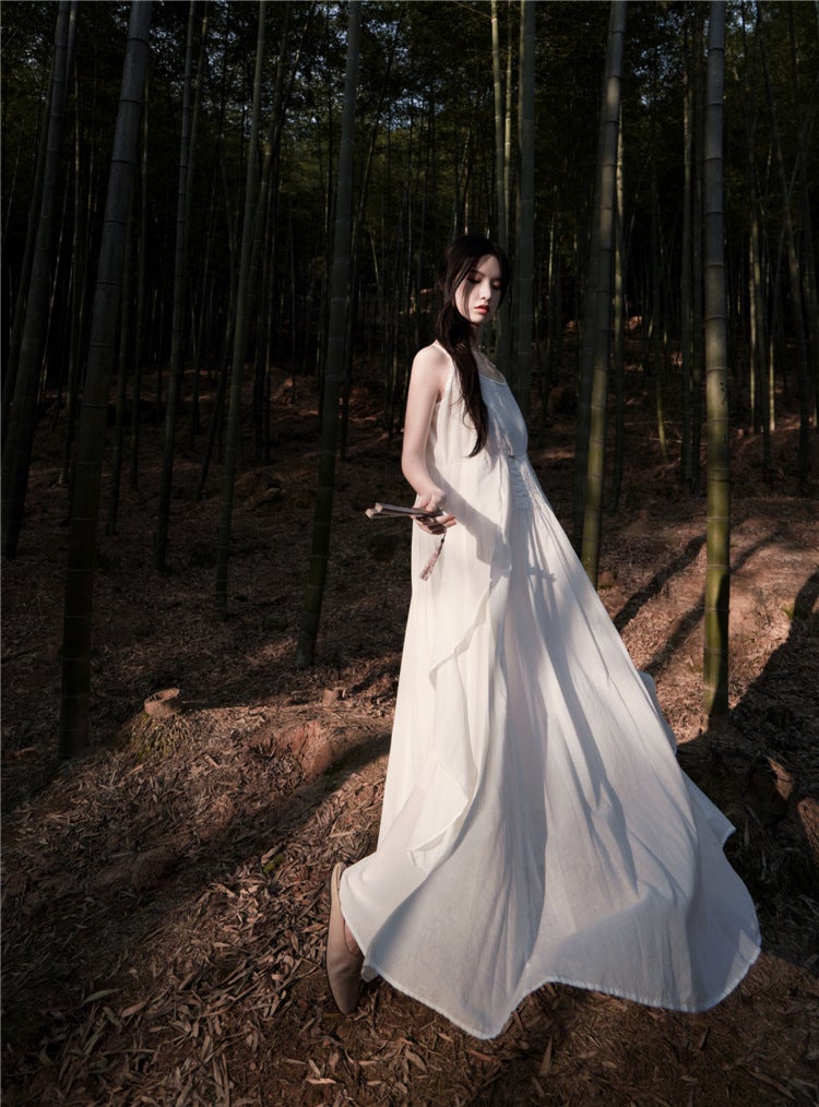 Diablo Yamamoto Style Fungus Lace Pinch Pleated Artistic Elegant Slip Skirt Black and White dress White  - Image 2
