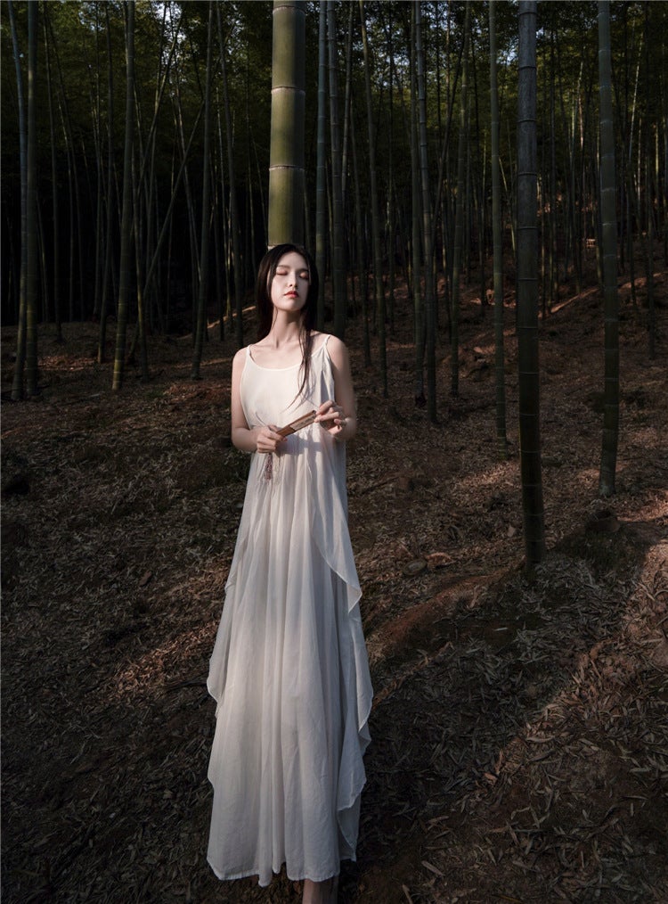 Diablo Yamamoto Style Fungus Lace Pinch Pleated Artistic Elegant Slip Skirt Black and White dress White  - Image 3