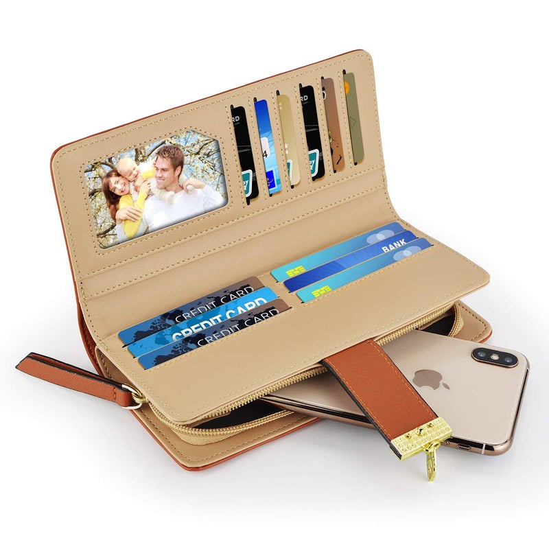 PGXT Women's Wallet Women Credit Card Holder Hollow Leaf Pattern Bifold Leather Lady Long Wallet Purse Zip Birthday Xmas Gifts for Women Girls(Brown) - Image 2