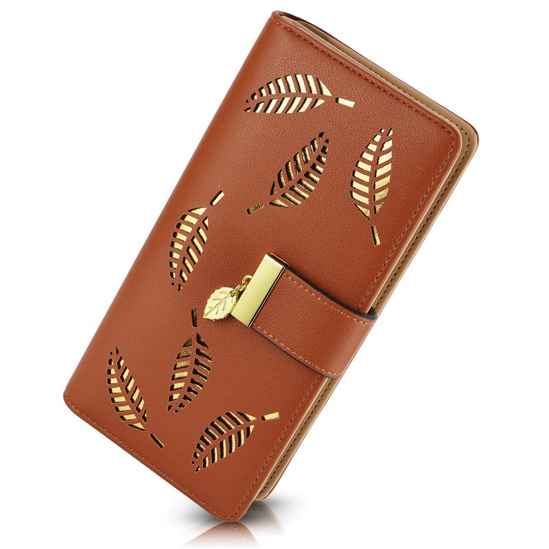 PGXT Women's Wallet Women Credit Card Holder Hollow Leaf Pattern Bifold Leather Lady Long Wallet Purse Zip Birthday Xmas Gifts for Women Girls(Brown) - Image 1