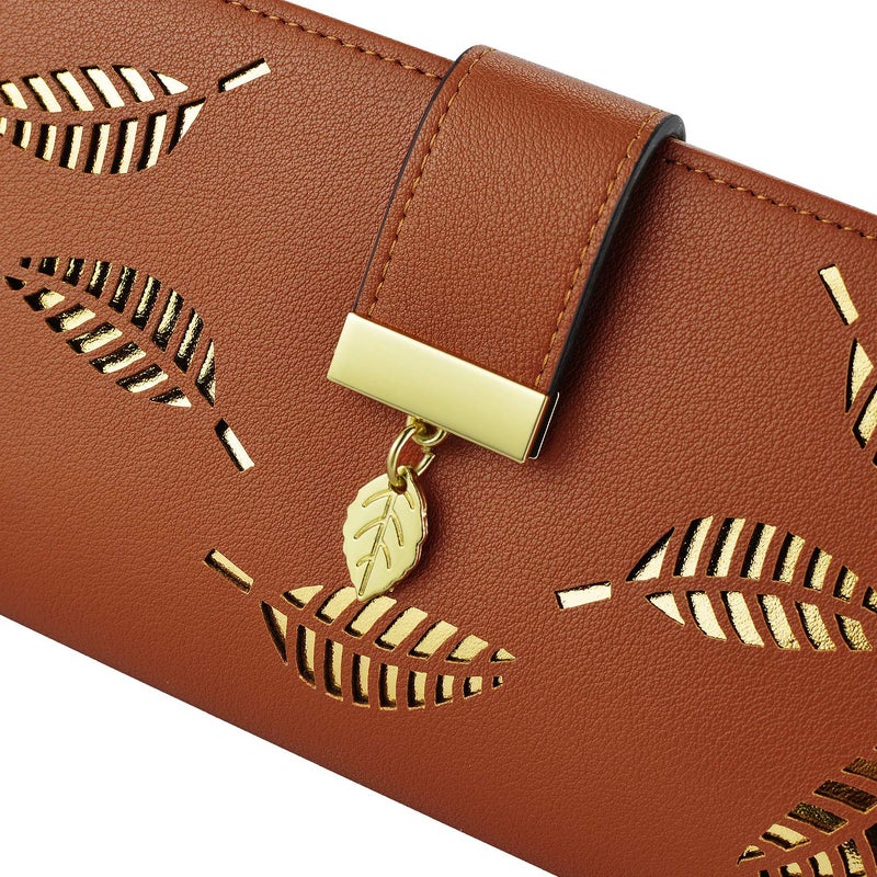 PGXT Women's Wallet Women Credit Card Holder Hollow Leaf Pattern Bifold Leather Lady Long Wallet Purse Zip Birthday Xmas Gifts for Women Girls(Brown) - Image 4