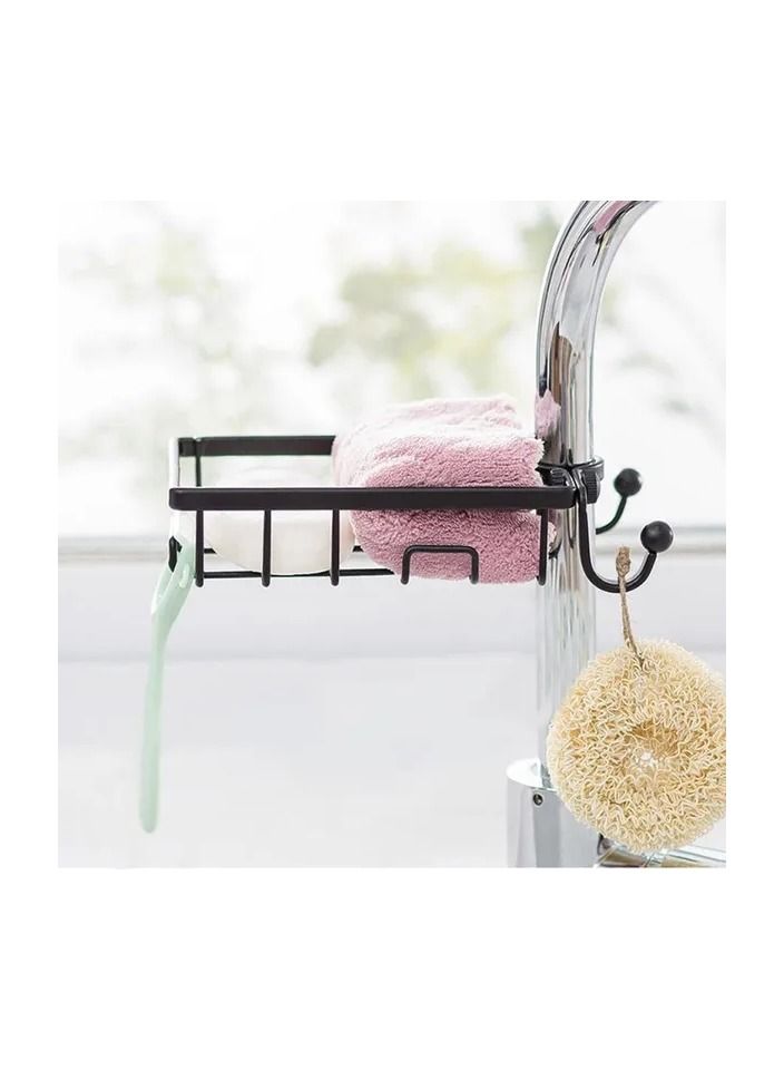 1-Piece Kitchen Sink Faucet Rack Sponge Rag Storage Drain Shelf,Bathroom Shower Rod Hanging Iron Basket Soap Dish Shampoo Holder,Colour Black - Image 1