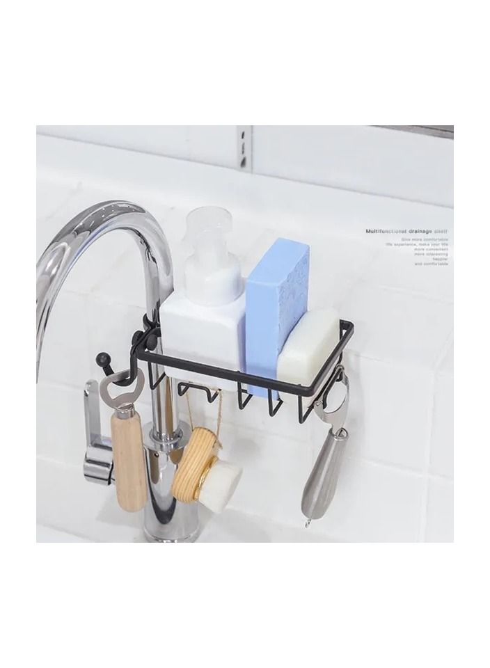 1-Piece Kitchen Sink Faucet Rack Sponge Rag Storage Drain Shelf,Bathroom Shower Rod Hanging Iron Basket Soap Dish Shampoo Holder,Colour Black - Image 5