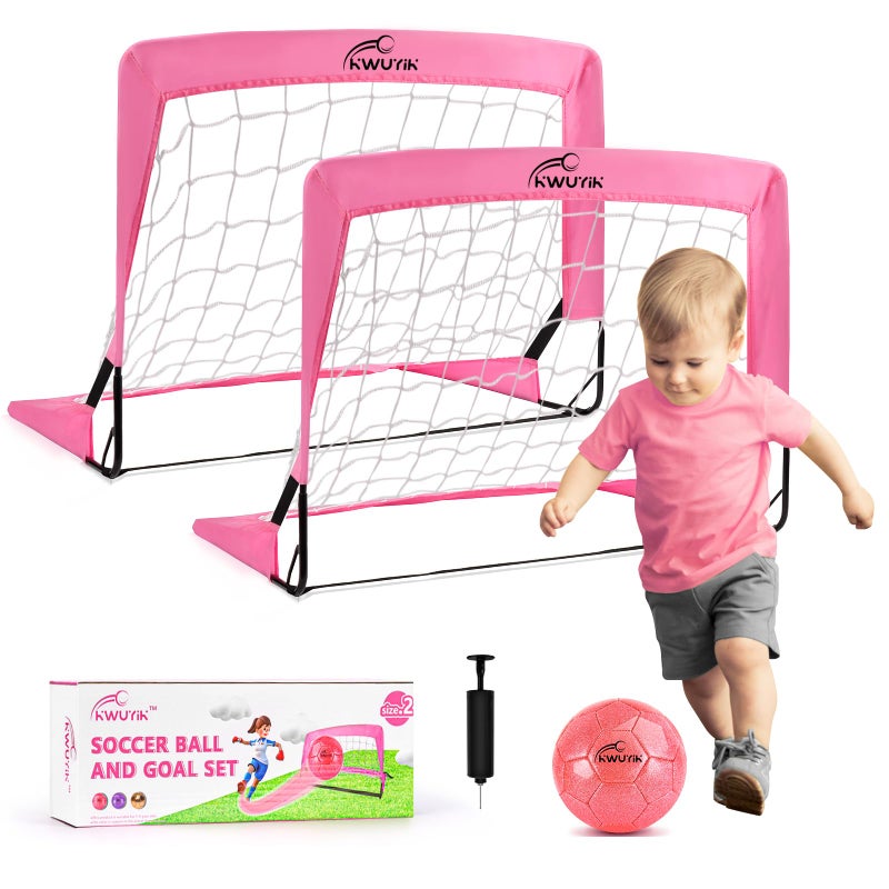OKWUYiK 2 Pcs Pink Mini Soccer Goals Set 2x1.5x1.5ft Indoor Soccer Nets for Kids with Size 2 Toddler Soccer Ball Foldable Net Toy with Pump for Children Boys Girls Backyard (Pink) - Image 1