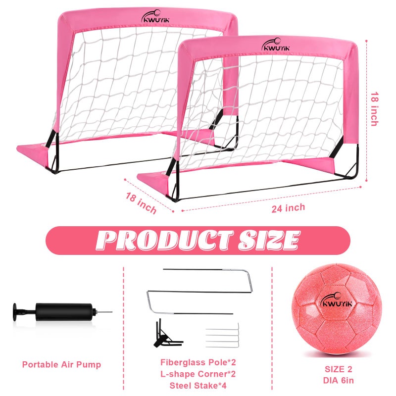 OKWUYiK 2 Pcs Pink Mini Soccer Goals Set 2x1.5x1.5ft Indoor Soccer Nets for Kids with Size 2 Toddler Soccer Ball Foldable Net Toy with Pump for Children Boys Girls Backyard (Pink) - Image 2