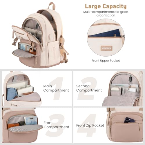 WINDARS Backpack for School Girls Cute High School Backpacks for Teens Women Student Large Bookbag 156 Inch Laptop Bag with USB Charger Port for College Work Travel Trip Khaki Beige - Image 3