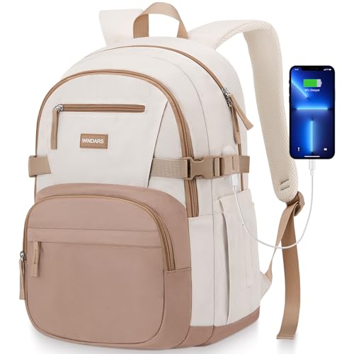WINDARS Backpack for School Girls Cute High School Backpacks for Teens Women Student Large Bookbag 156 Inch Laptop Bag with USB Charger Port for College Work Travel Trip Khaki Beige - Image 1