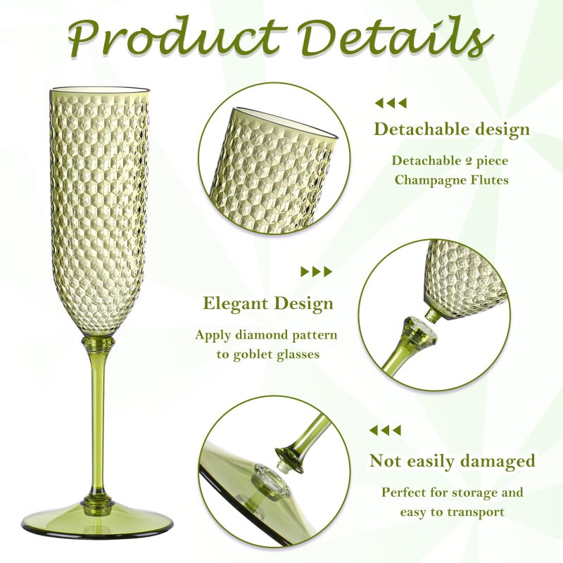 XUWAIDSGN 48 Pack Green Detachable 2 piece Champagne Flutes 5.5 Oz Unbreakable Plastic Mimosa Disposable Champagne Glasses Drinking Cups Stemmed Reusable Wine Toasting Glasses for Wedding (48, Olive Green) - Image 3