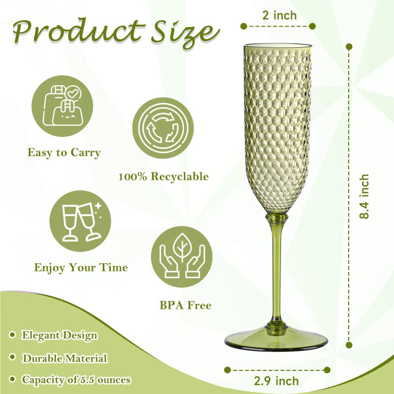 XUWAIDSGN 48 Pack Green Detachable 2 piece Champagne Flutes 5.5 Oz Unbreakable Plastic Mimosa Disposable Champagne Glasses Drinking Cups Stemmed Reusable Wine Toasting Glasses for Wedding (48, Olive Green) - Image 2