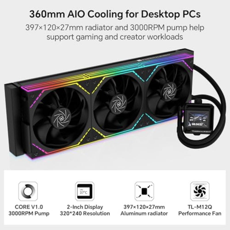 FW360 SE ARGB V2 360mm CPU AIO Liquid Cooler for Desktop - TL-M12Q 2000RPM Daisy-Chain Fans, 2" LCD Display Screen, for AM4/AM5 and Intel 1700/1851 3000RPM Pump, 3×TL-M12Q 120mm PWM Daisy-Chain Fans, for AMD AM5/AM4 and Intel LGA1851/1700 - Image 2