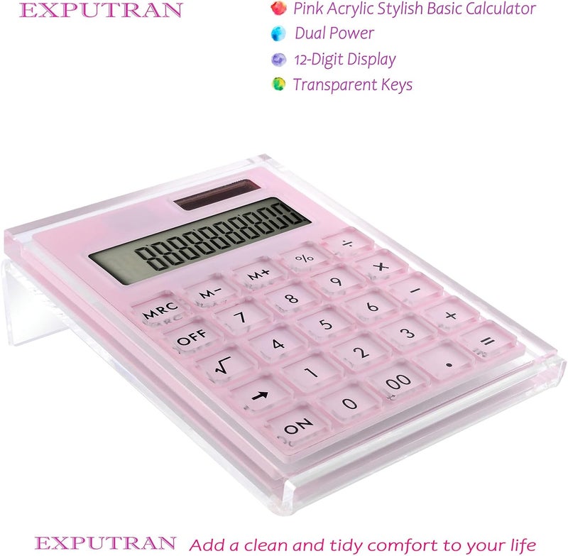EXPUTRAN Acrylic Calculator with Stand, Battery and Solar Hybrid Powered Basic Calculator 12-Digit LCD Display,Home Office Desktop Accessories(Pink) - Image 2