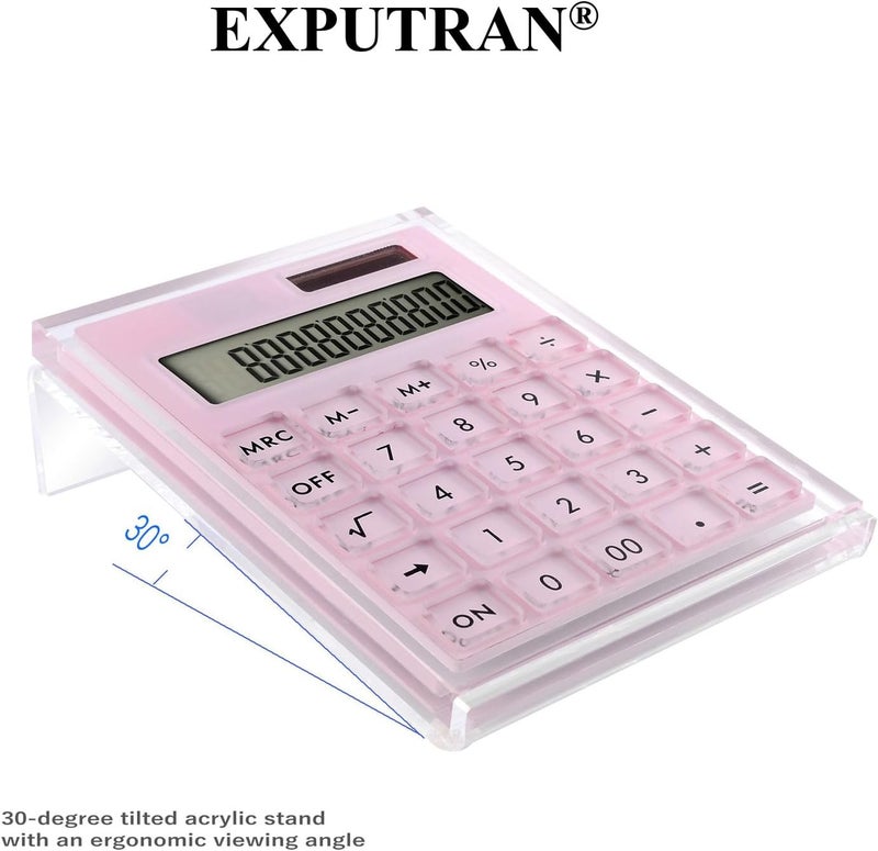EXPUTRAN Acrylic Calculator with Stand, Battery and Solar Hybrid Powered Basic Calculator 12-Digit LCD Display,Home Office Desktop Accessories(Pink) - Image 4