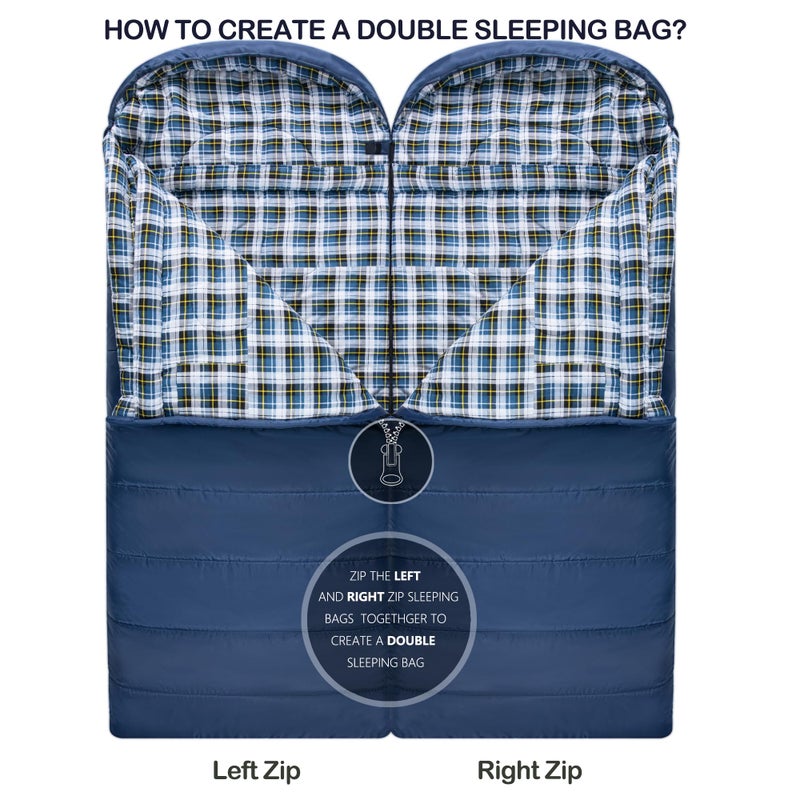 HiZYNICE Sleeping Bags for Adults 100% Cotton Flannel XXL for Cold Weather 20 Degree Camp Big and Tall Wide Oversized,Navy Blue Right Zip,90" x 39" - Image 5