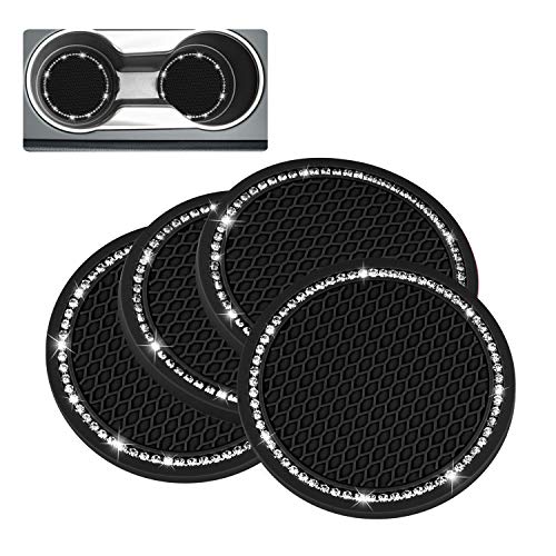 Cacturism 4 Pack Bling Car Coasters, PVC Auto Car Cup Holder Insert Coaster - Anti Slip UniversalVehicleInterior Accessories Crystal Glitter Cup Mats for Women and Girl by Cacturism, Black, 2.75" Diameter - Image 1