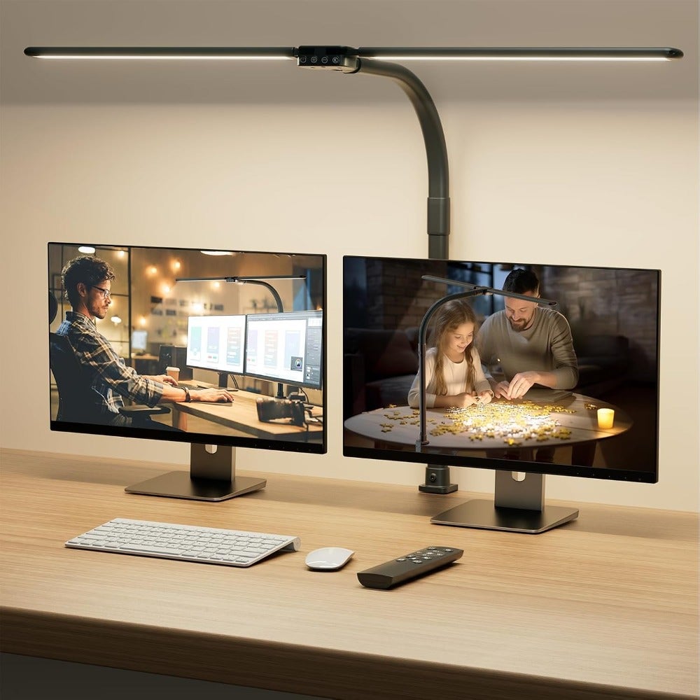 LED Desk Lamp for Home Office Eye-Caring Computer Desk Light with Clamp Rotatable Color-Changing Monitor Lamp Dimmable Gooseneck Double Head Table Lamp Black
