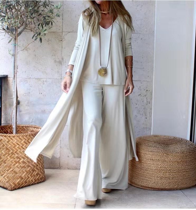 2024 Fashion Loose Three-Piece Set V-Neck Vest and Straight-Leg Pants with Long Cardigan White  - Image 1