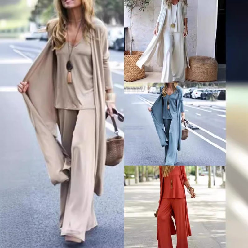 2024 Fashion Loose Three-Piece Set V-Neck Vest and Straight-Leg Pants with Long Cardigan White  - Image 2