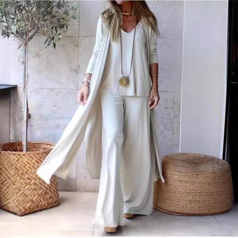 2024 Fashion Loose Three-Piece Set V-Neck Vest and Straight-Leg Pants with Long Cardigan White  - Image 4