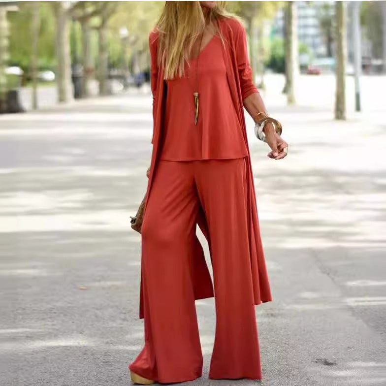 2024 Fashion Loose Three-Piece Set V-Neck Vest and Straight-Leg Pants with Long Cardigan White  - Image 5