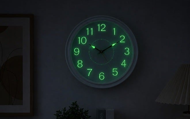 Glow In The Dark Wall Clock, White Color, 37 X 37 Cm, Luminous Numbers & Hands With Glass Cover - Image 1