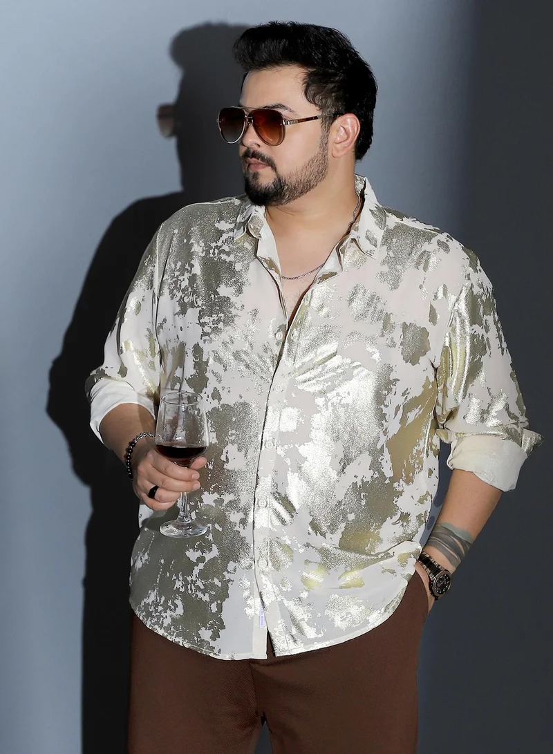 Instafab Plus Instafab Plus Men Metallic-Foil Imprint Shirt | Spread Collar , Long Cuffed Sleeves | Button Closure , Curved Hem | Abstract Print Plain Material | Woven Fabric For Party & Evening Wear | Buff Beige