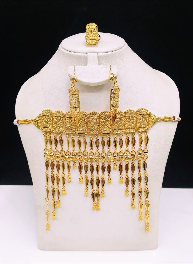Amina - Women Imitation Artificial Jewellery Set 4 Piece Necklace , Earing Pair and Ring Gold Plated set - Image 1