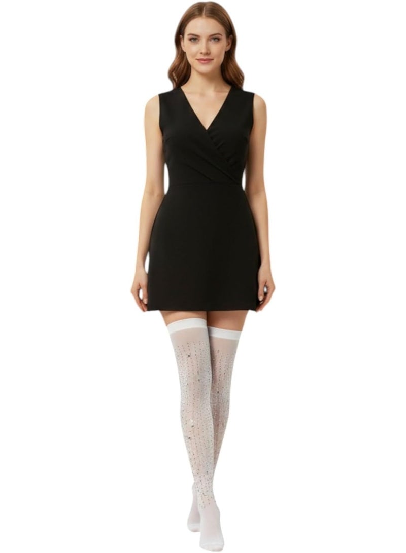 Women's Crystal Long Above Knee High Socks Rhinestone 25 Denier Lycra Elegant Design