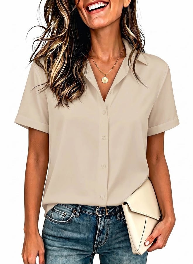 Womens Button Down Blouse Rolled Cuffed Short Sleeve Shirts Casual Work Blouse Summer Hawaiian Outfits