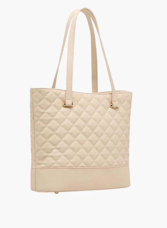 Flora Bella By Shoexpress BEIGE Quilted Tote Bag with Double Handle and Zip Closure  | Best Price UAE