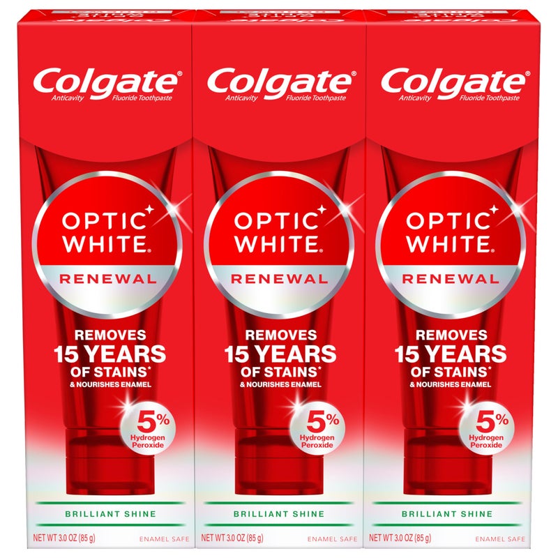 Colgate معجون أسنان كولجيت أوبتيك وايت رينيوال لتبييض الأسنان، معجون تبييض بالفلورايد، يزيل بقع الشاي والقهوة والنبيذ بفعالية، مصنوع من بيروكسيد الهيدروجين، لمعان رائع، 3 عبوات، 3.0 أونصة - Image 1