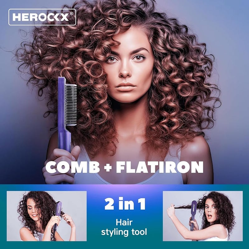 HEROCKX Hair Straightener Brush, HEROCKX Hair Straightener Comb Straightening Brush for Women with 5 Temps 20s Fast Heating & Dual Voltage, Blue - Image 2