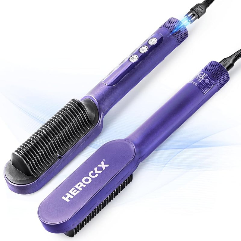 HEROCKX Hair Straightener Brush, HEROCKX Hair Straightener Comb Straightening Brush for Women with 5 Temps 20s Fast Heating & Dual Voltage, Blue - Image 1