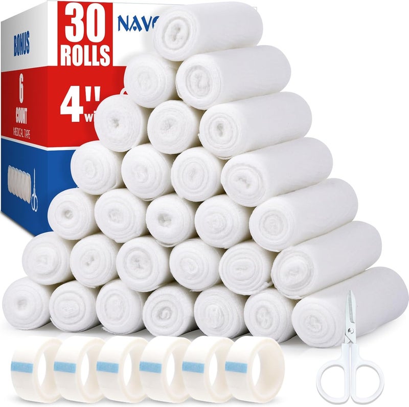 Navona 30 Pack Gauze Rolls Bandages, 4 in x 4.1 Yards, Individually Wrapped Breathable Rolled Gauze, Mummy Wraps, Premium First Aid Supplies & Medical Supplies for Wounds