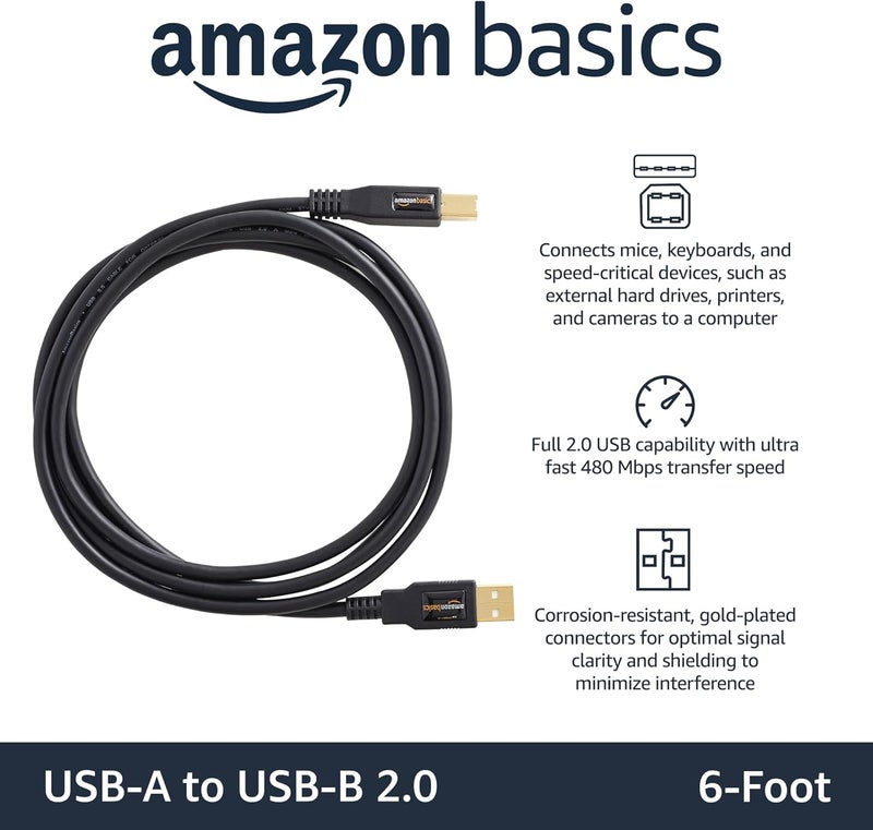 USB-A to USB-B 2.0 Cable for Printer or External Hard Drive, Gold-Plated Connectors, 1.8 meters, Black - Image 2