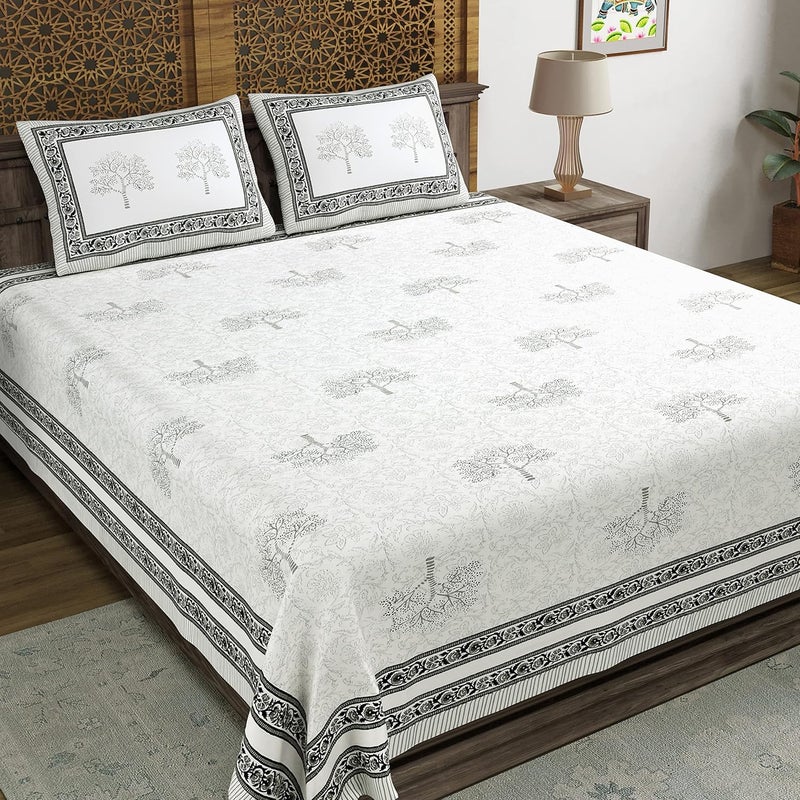 BLOCKS OF INDIA BLOCKS OF INDIA Hand Block Printed 200 TC Cotton King Size Bedsheet Black 