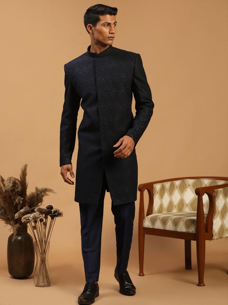 VASTRAMAY Men's Navy Blue Silk Blend Regular Fit Sherwani Only Top | Imported Fabric Designer Indowestern Top - Image 5