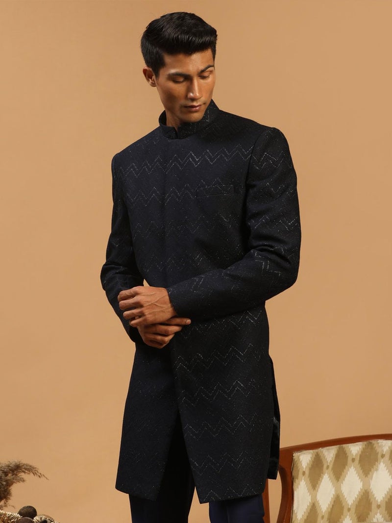 VASTRAMAY Men's Navy Blue Silk Blend Regular Fit Sherwani Only Top | Imported Fabric Designer Indowestern Top - Image 2