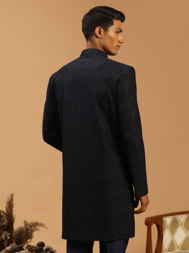 VASTRAMAY Men's Navy Blue Silk Blend Regular Fit Sherwani Only Top | Imported Fabric Designer Indowestern Top - Image 3