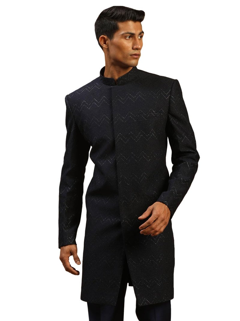 VASTRAMAY Men's Navy Blue Silk Blend Regular Fit Sherwani Only Top | Imported Fabric Designer Indowestern Top - Image 1