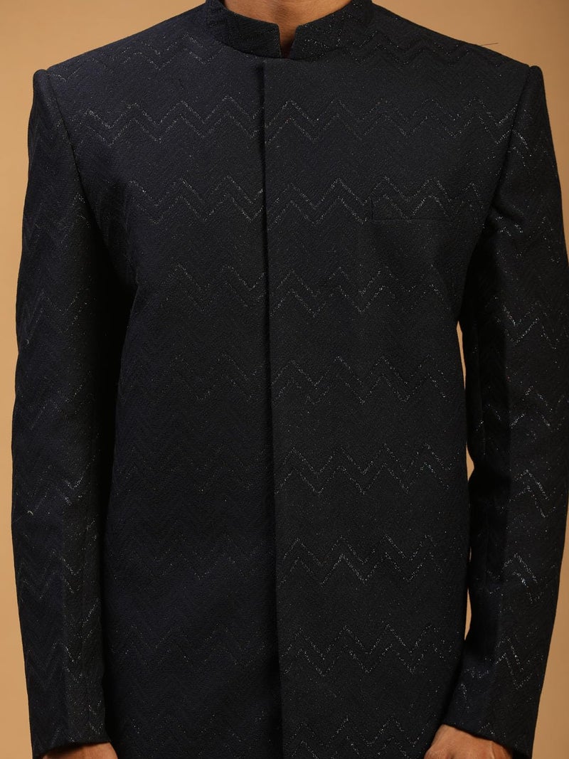 VASTRAMAY Men's Navy Blue Silk Blend Regular Fit Sherwani Only Top | Imported Fabric Designer Indowestern Top - Image 4