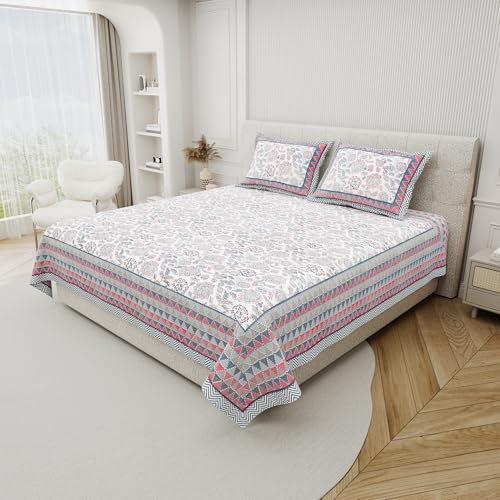 DE CAMA Since 1997 | 100% Cotton 300 TC Premium King Size Bedsheet for Double Bed (90 x 108 Inch) with 2 Pillow Covers Set (17 x 27 Inch) Hand Block Printed Bedsheet Set - Floral Pattern - Image 2