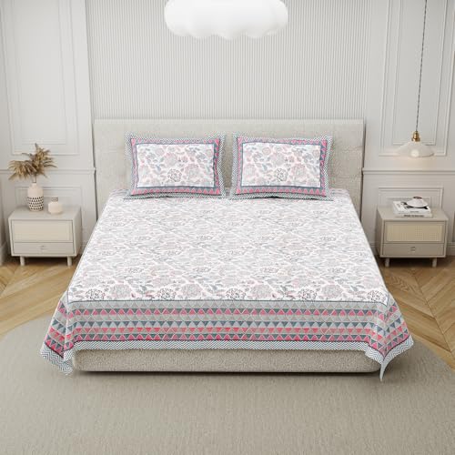DE CAMA Since 1997 | 100% Cotton 300 TC Premium King Size Bedsheet for Double Bed (90 x 108 Inch) with 2 Pillow Covers Set (17 x 27 Inch) Hand Block Printed Bedsheet Set - Floral Pattern - Image 3