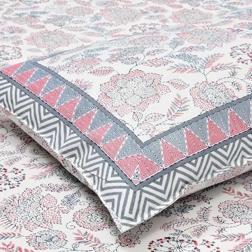DE CAMA Since 1997 | 100% Cotton 300 TC Premium King Size Bedsheet for Double Bed (90 x 108 Inch) with 2 Pillow Covers Set (17 x 27 Inch) Hand Block Printed Bedsheet Set - Floral Pattern - Image 1