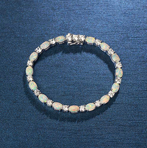 FANCIME Sterling Silver Fire Opal Tennis Bracelet October Birthstone Bracelets Oval Gemstone Dainty Fine Jewelry for Women 7" - Image 3