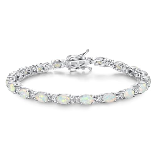 FANCIME Sterling Silver Fire Opal Tennis Bracelet October Birthstone Bracelets Oval Gemstone Dainty Fine Jewelry for Women 7" - Image 1