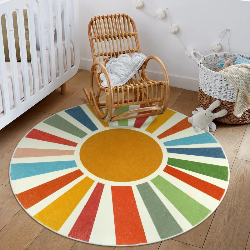 STARUIA Small Round Rug 4 Ft Washable Round Rug for Kids Room, Colorful Sun Circle Rug for Playroom, Non-Slip Circular Office Carpet Soft Rainbow Rug for Bedroom Reading Corner Dorm - Image 5