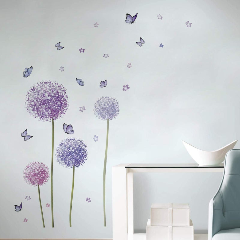 Runtoo Flower Wall Decals Dandelion Butterfly Wall Stickers for Bedroom Living Room Decoration Wall Decor