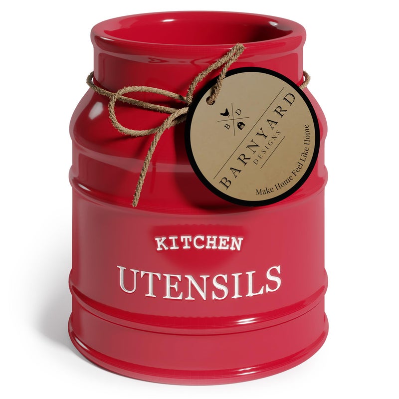 Barnyard Designs Ceramic Farmhouse Utensil Holder for Kitchen Counter Large Rustic Utensil Crock Countertop Cooking Tool Spatula Organizer 675 Red